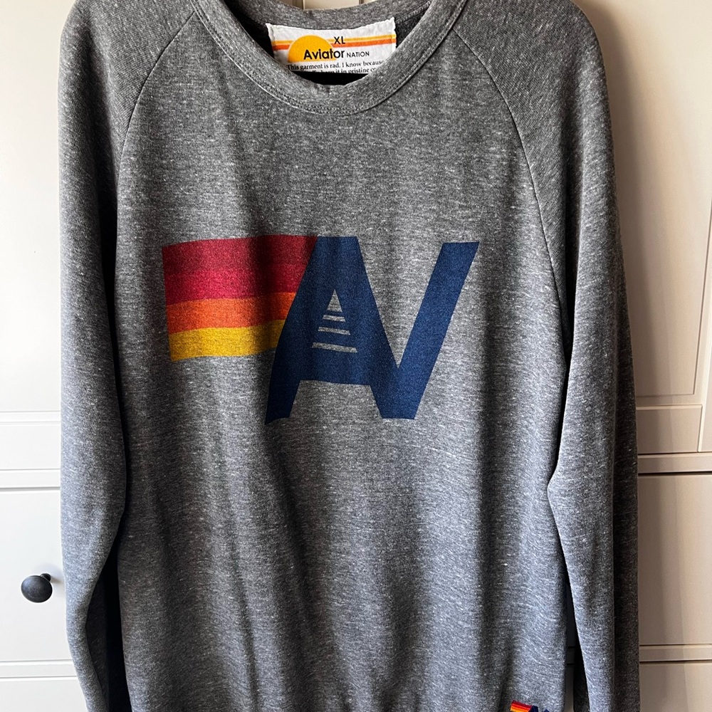 Aviator Nation Gray Crewneck with AV Logo and Sunset Stripe